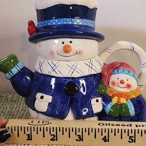Snowman & Child Christmas Teapot Hand Painted Blue Winter Holiday Ceramic Décor - Picture 4 of 6